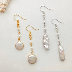 Boho Style Handmade Freshwater Pearl Earrings, Baroque Irregular Pearl Earrings with Gold or Silver Plated Gilt Edging