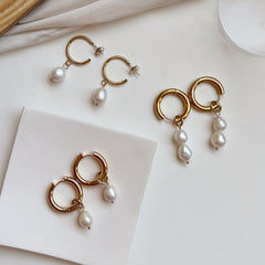 Natural Freshwater Pearl Earring, Gold Hoop Pearl Drop Earring, 1 or 2 Pearl Drop and Dangle Earrings, Gold Circle with 1 or 2 Pearls