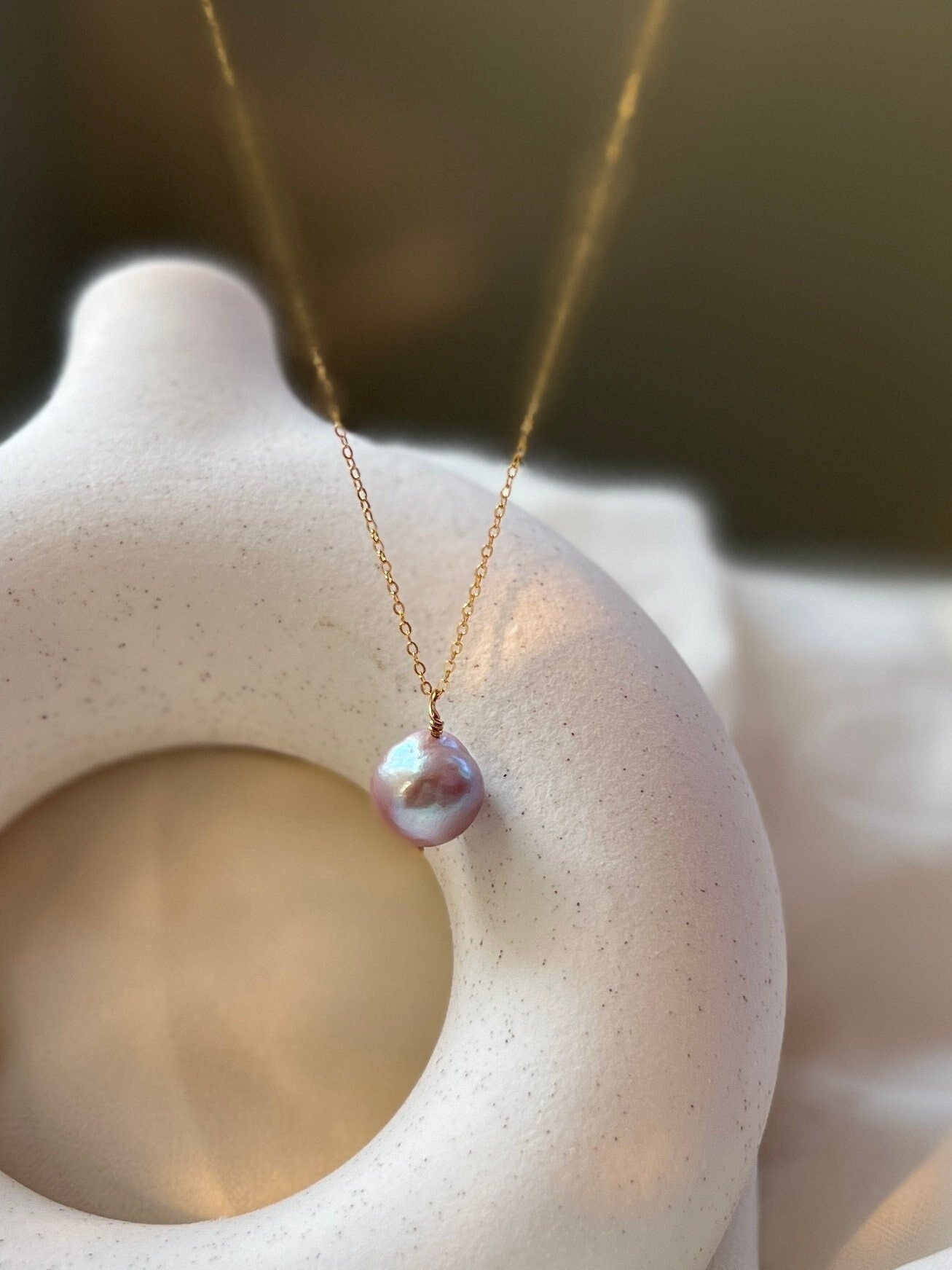 White Purple Baroque Pearl Pendant, 14K Gold Filled Chain